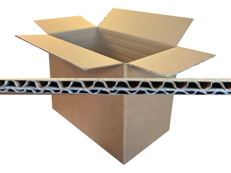 An open brown cardboard box with flaps raised, shown on a white background with a horizontal cross-section view of the corrugated cardboard wall across the middle.