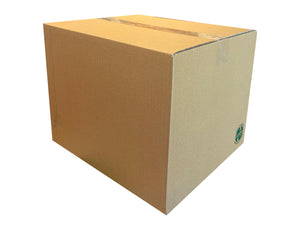 A standard brown corrugated cardboard box sealed with clear tape, shown from a three-quarters perspective on a plain white background.