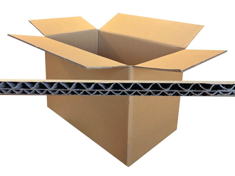 An open brown corrugated cardboard box with a horizontal cross-section view showing the blue and black wavy inner fluting, isolated on a white background.