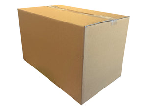 A plain brown corrugated cardboard box sealed with clear tape, shown on a white background.
