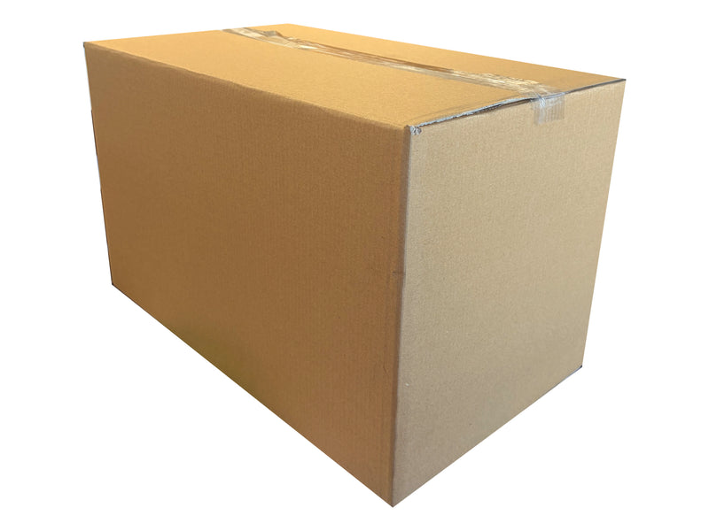 A plain brown corrugated cardboard box sealed with clear tape, shown on a white background.