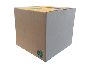 A square brown cardboard box with a light blue-gray side panel and a green circular logo near the bottom corner, shown on a plain white background.