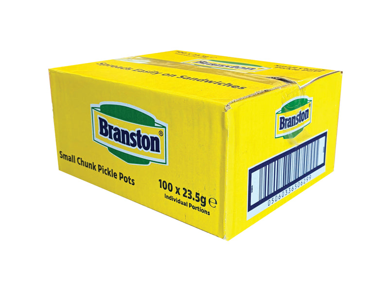 Yellow box of Branston pickle pots on a white background