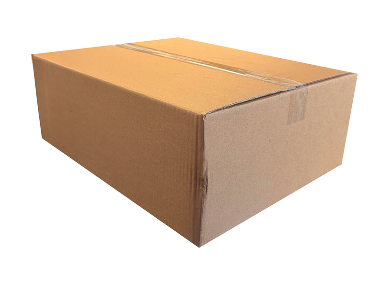 470mm x 370mm x 170mm Cardboard box with tape on a white background