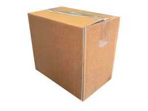 Brown cardboard box measuring 270mm x 176mm x 243mm with tape on a white background