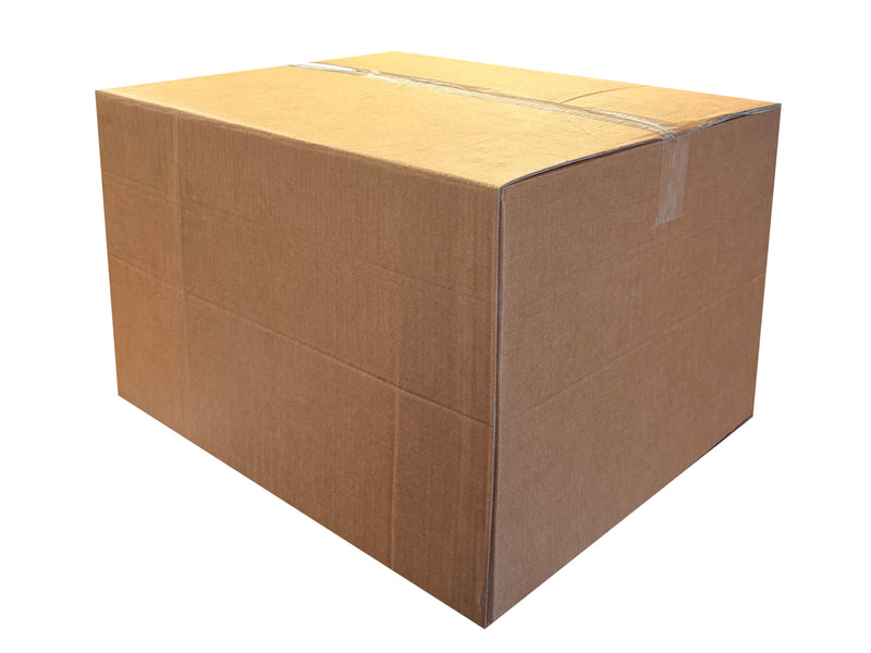 565mm x 475mm x 360mm Cardboard box with tape on a white background
