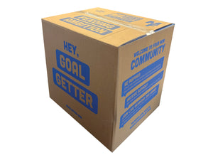 Cardboard packing box with blue text and branding on a white background