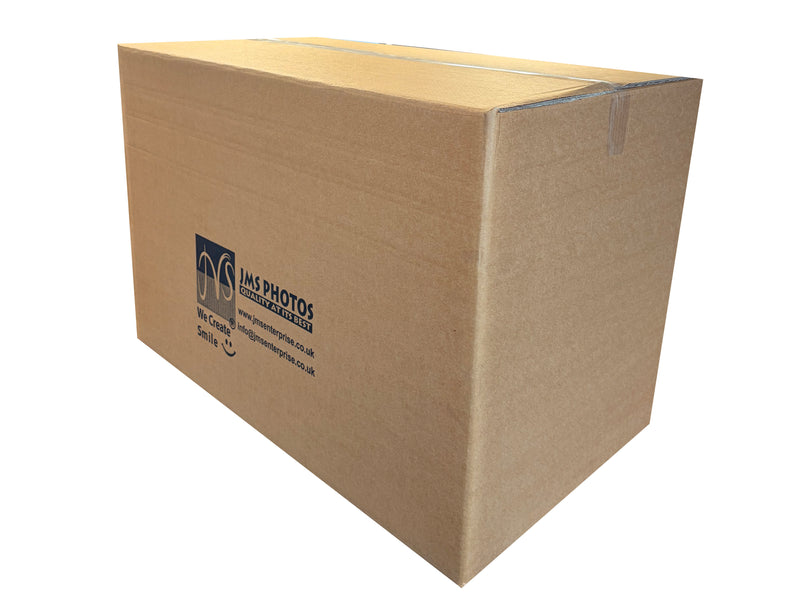 Cardboard box with 'JMS Photos' logo on a white background