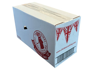 Cardboard box with a brand logo and website URL on a white background