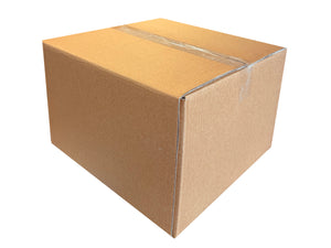 355mm x 350mm x 238mm, brown cardboard box with tape on a white background