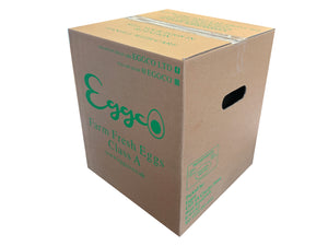 Cardboard box with 'Eggs' branding on a white background