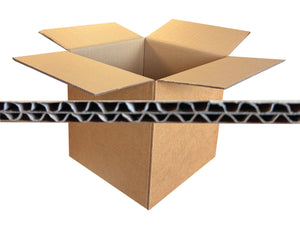 14 inch cubed cardboard box with corrugated cardboard strip on a white background