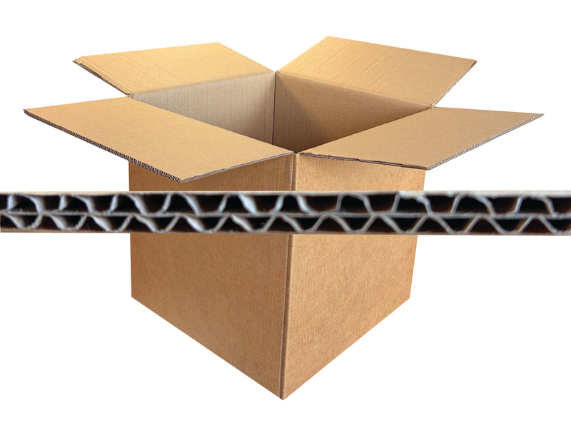 14 inch cubed cardboard box with corrugated cardboard strip on a white background