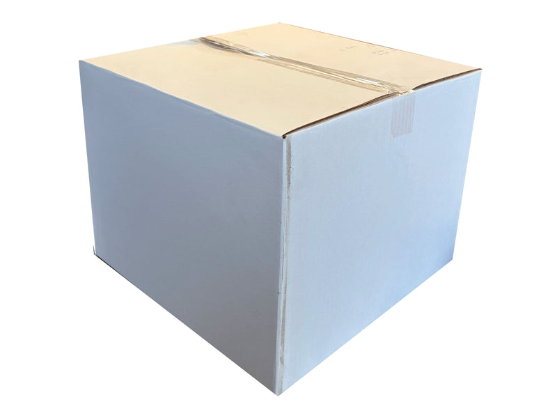 White cardboard box with gold tape on a white background