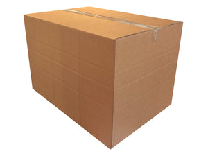 A large brown corrugated cardboard box sealed with clear tape, shown on a plain white background.