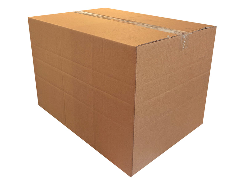 A large brown corrugated cardboard box sealed with clear tape, shown on a plain white background.