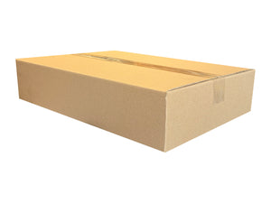 A plain brown cardboard shipping box sealed with clear tape, shown on a white background.