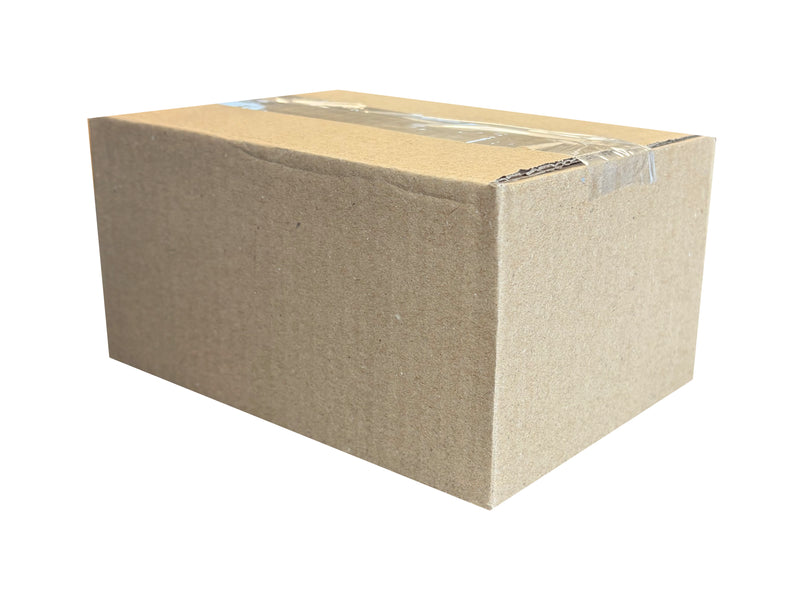 A plain brown cardboard box sealed with clear tape, shown on a white background.