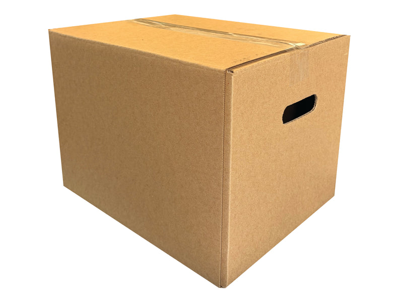 A standard brown corrugated cardboard box with a built-in handle cutout on the side, sealed with clear tape on top, isolated on a white background.