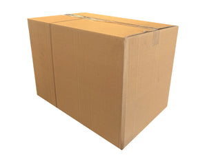 A large brown corrugated cardboard box sealed with clear tape, shown on a plain white background.