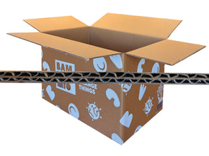 An open brown corrugated cardboard box with white cartoon-style icons