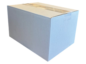 A white box, closed with clear tape, measuring 235mm x 170mm x 140mm