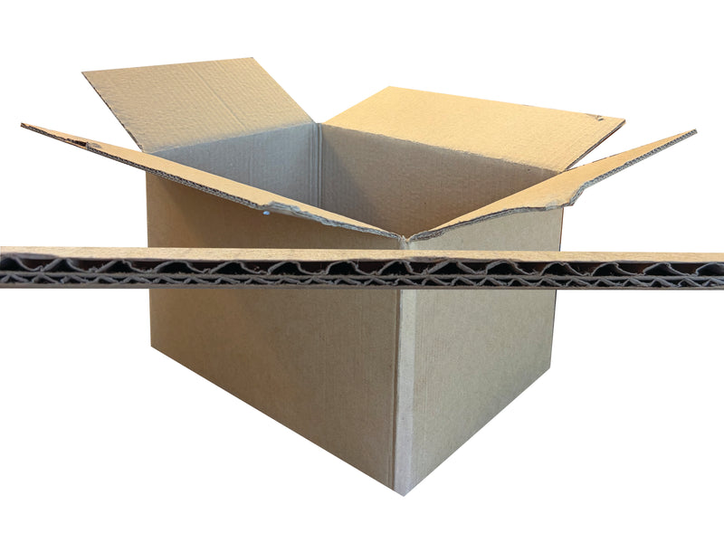 Open A4 cardboard box with a corrugated flute profile overlayed