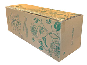 Cardboard box with green floral designs on a white background