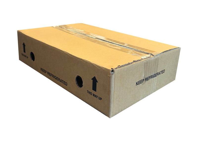 A 290mm x 200mm x 70mm cardboard box, closed with clear tape, showing the ventilation holes