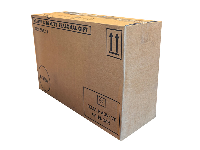 Cardboard box with text indicating it's a health and beauty seasonal gift and female advent calendar.
