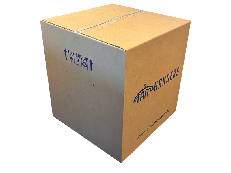 Cardboard box with 'AM HANGERS' branding on a white background