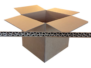 18 inch cubed cardboard box with a close-up of its corrugated interior on a white background