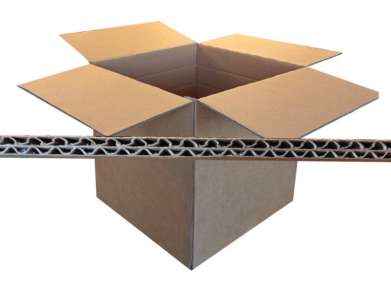 18 inch cubed cardboard box with a close-up of its corrugated interior on a white background