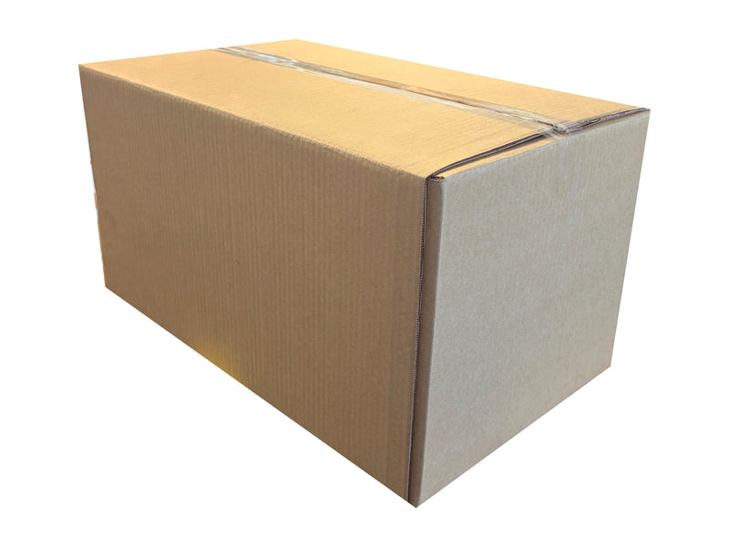 510mm x 325mm x 285mm Cardboard box with tape on a white background