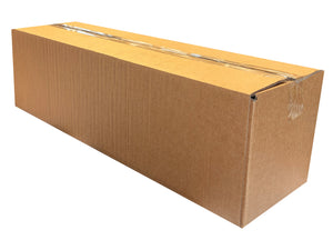 725mm x 200mm x 200mm Long cardboard box with clear plastic wrap on a white background