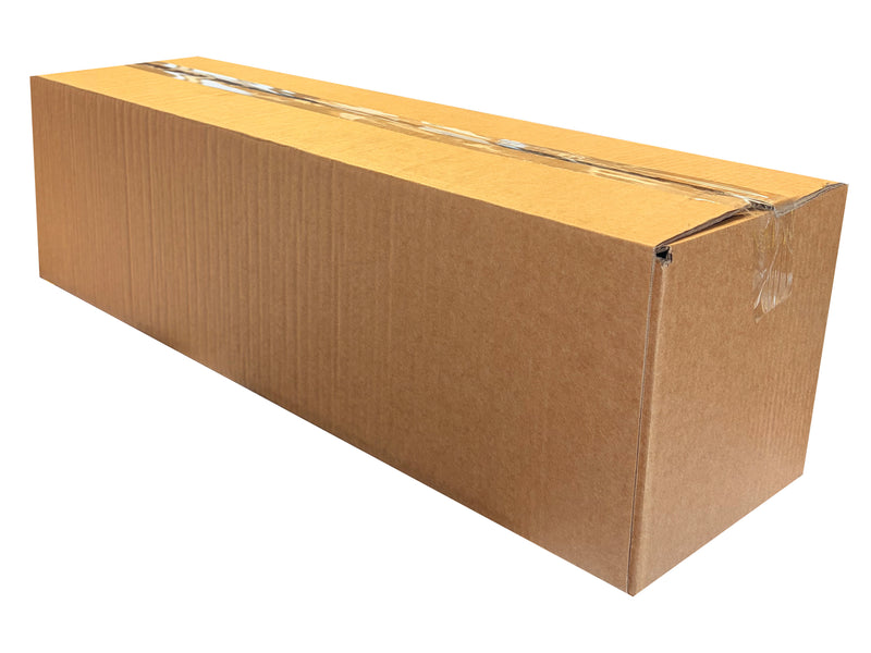 725mm x 200mm x 200mm Long cardboard box with clear plastic wrap on a white background