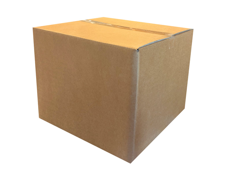 A 385mm x 375mm x 300mm, brown cardboard box on a white background
