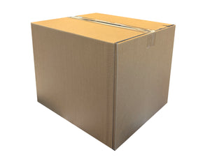 381mm x 330mm x 305mm Cardboard box with tape on a white background