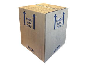 Cardboard box with 'Handle with Care' and 'Large' labels on a white background