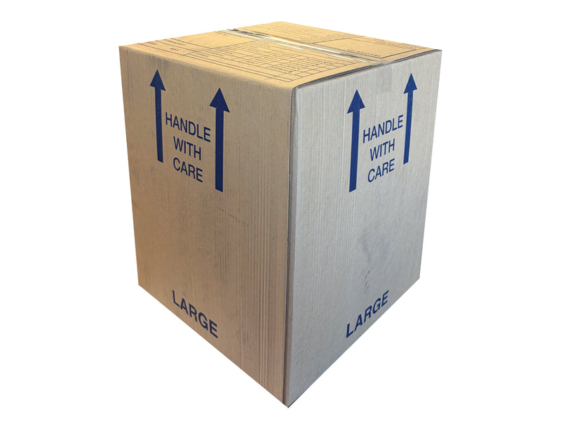 Cardboard box with 'Handle with Care' and 'Large' labels on a white background