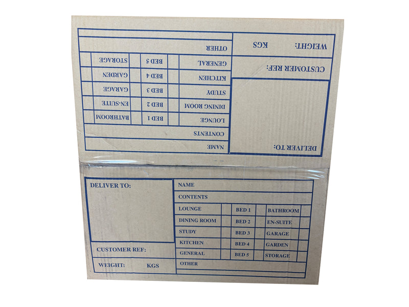 White cardboard box with blue printed labels for room divisions and deliver details on a white background
