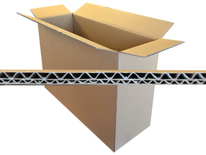 A brown corrugated cardboard box with its flaps open, shown on a white background with a horizontal cross-section view of the cardboard wall in front.