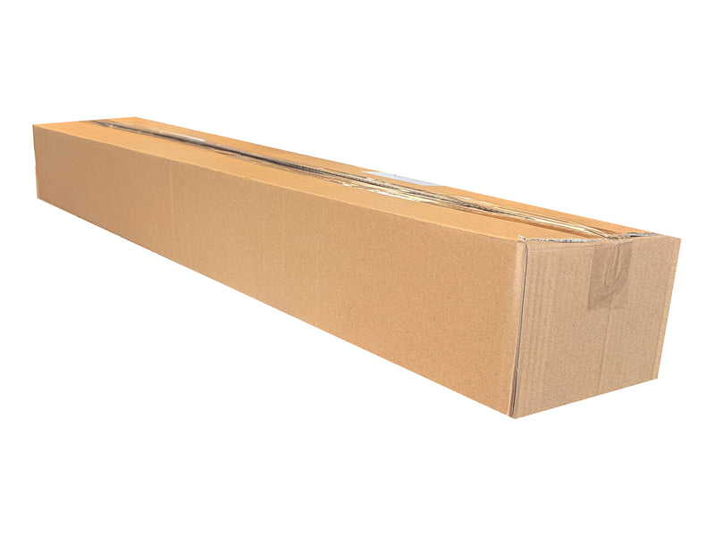 A long, narrow brown cardboard box sealed with clear plastic tape, shown at an angle on a plain white background.