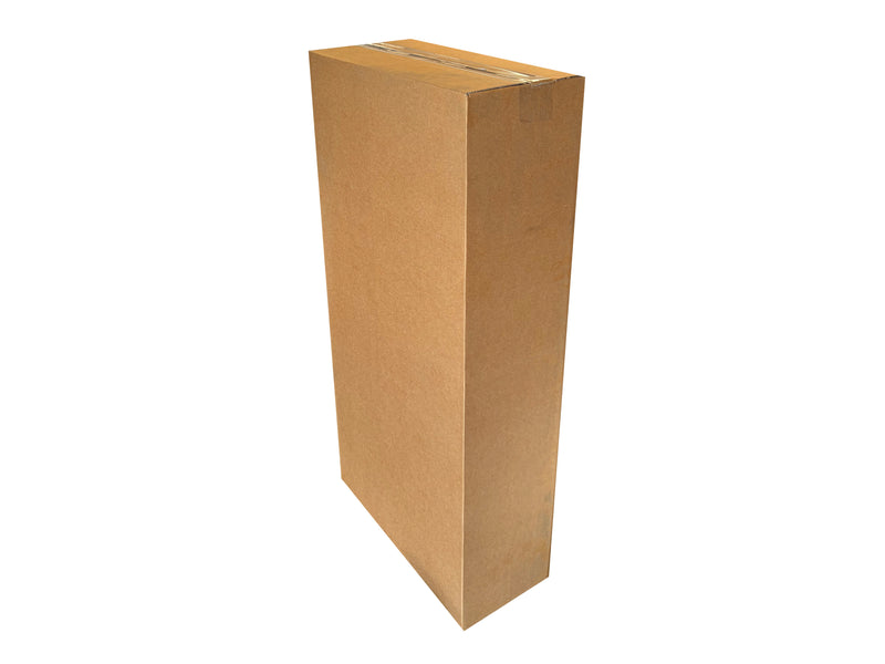 A tall, plain brown cardboard box standing upright on a white background.