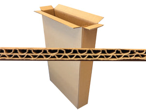 A brown corrugated cardboard box with an open top, shown on a white background with a horizontal close-up strip of the cardboard wall displaying its honeycomb pattern.