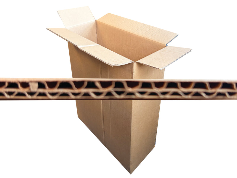 A brown corrugated cardboard box with its flaps open, shown on a plain white background with a horizontal cross-section view of the cardboard panel layered in front.