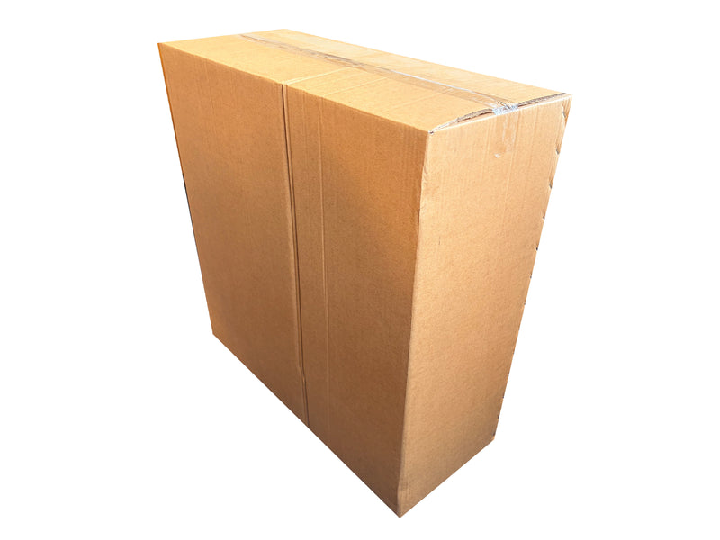 A closed brown cardboard box sealed with clear tape, shown on a plain white background.