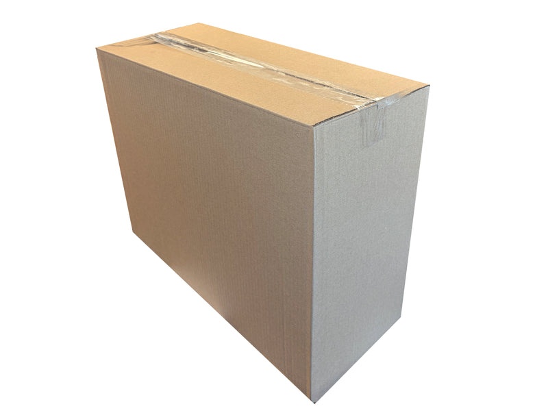 A rectangular brown cardboard box sealed with clear tape, shown at an angle on a plain white background.