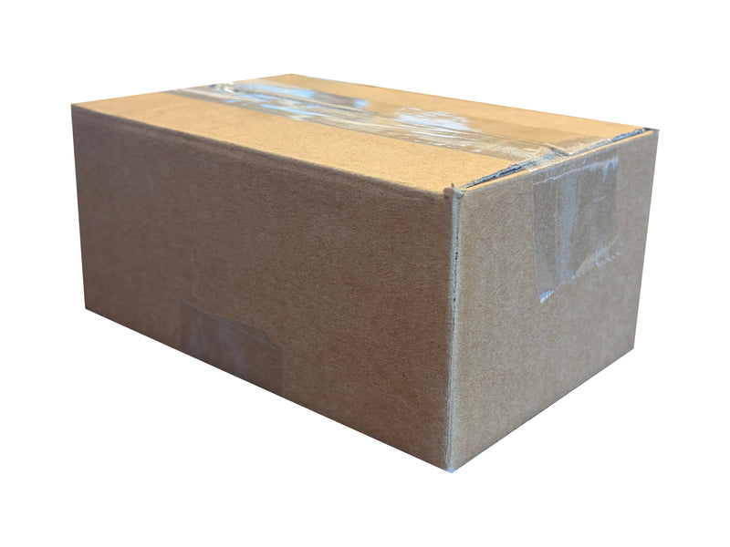 A standard brown cardboard box sealed with clear tape on a plain white background.