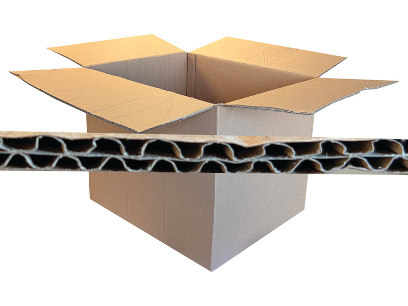 An open brown corrugated cardboard box with a close-up horizontal strip of the cardboard wall showing the honeycomb fold pattern, isolated on a white background.